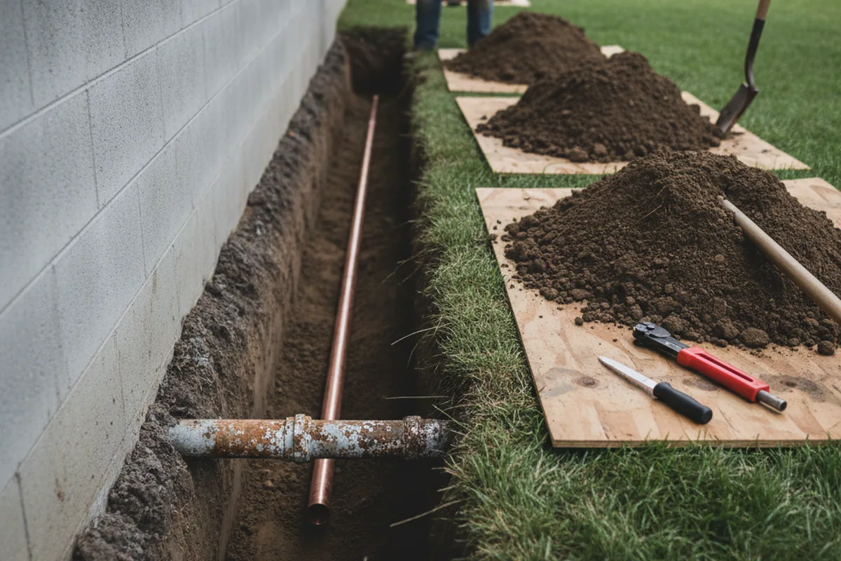 Excavated water line trench during Water Softener Installation in Pacolet